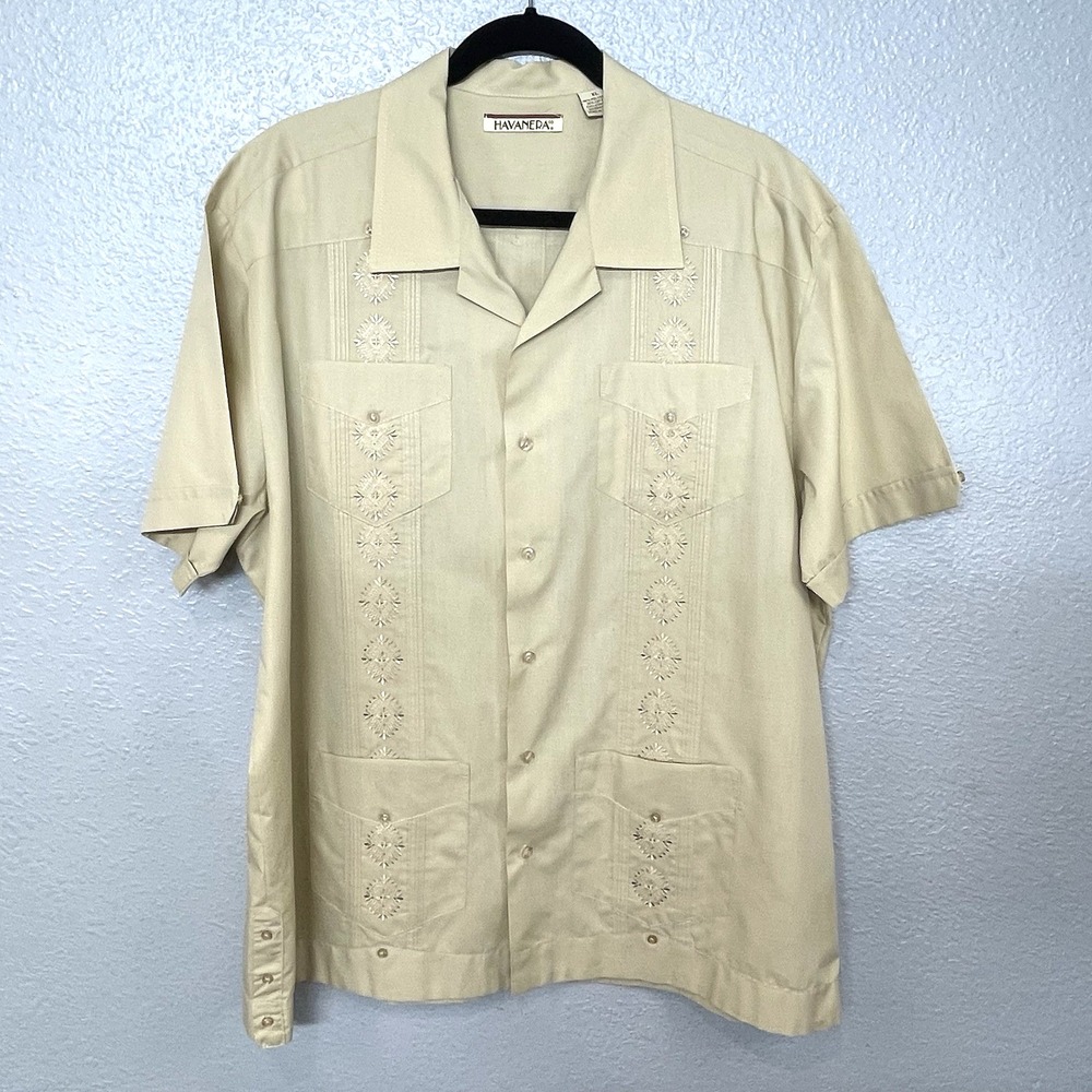 Havanera Co Men's Embroidered Cuban Shirt Short Sleeve Casual Beige Guayabera XL